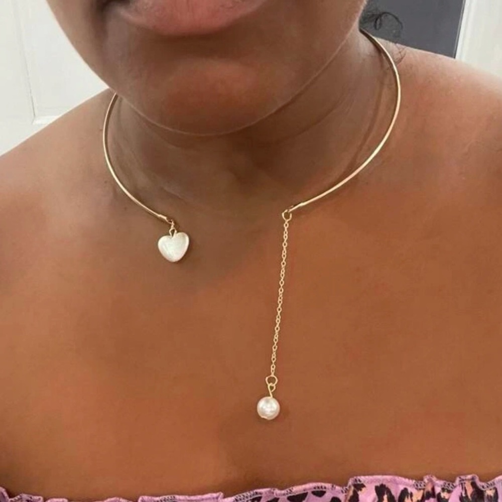 💥3for$28 New Faux Pearl Open Cuff Heart Necklace Drop Pearl Statement Necklace - Picture 2 of 15